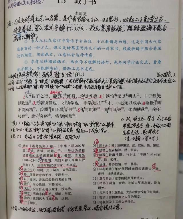 《诫子书》手写课堂笔记附原文,译文及注释图1