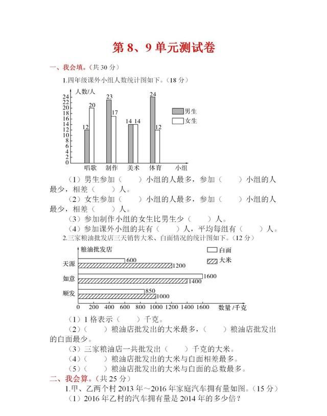 四年级数学下册第八单元测试题及答案图1